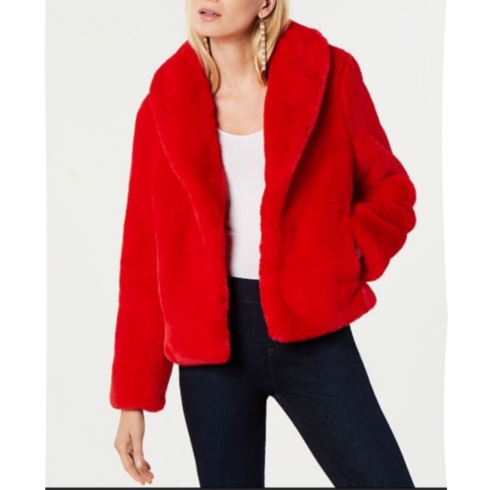I.N.C. Cozy Red Shawl Collar Faux Fur Coat